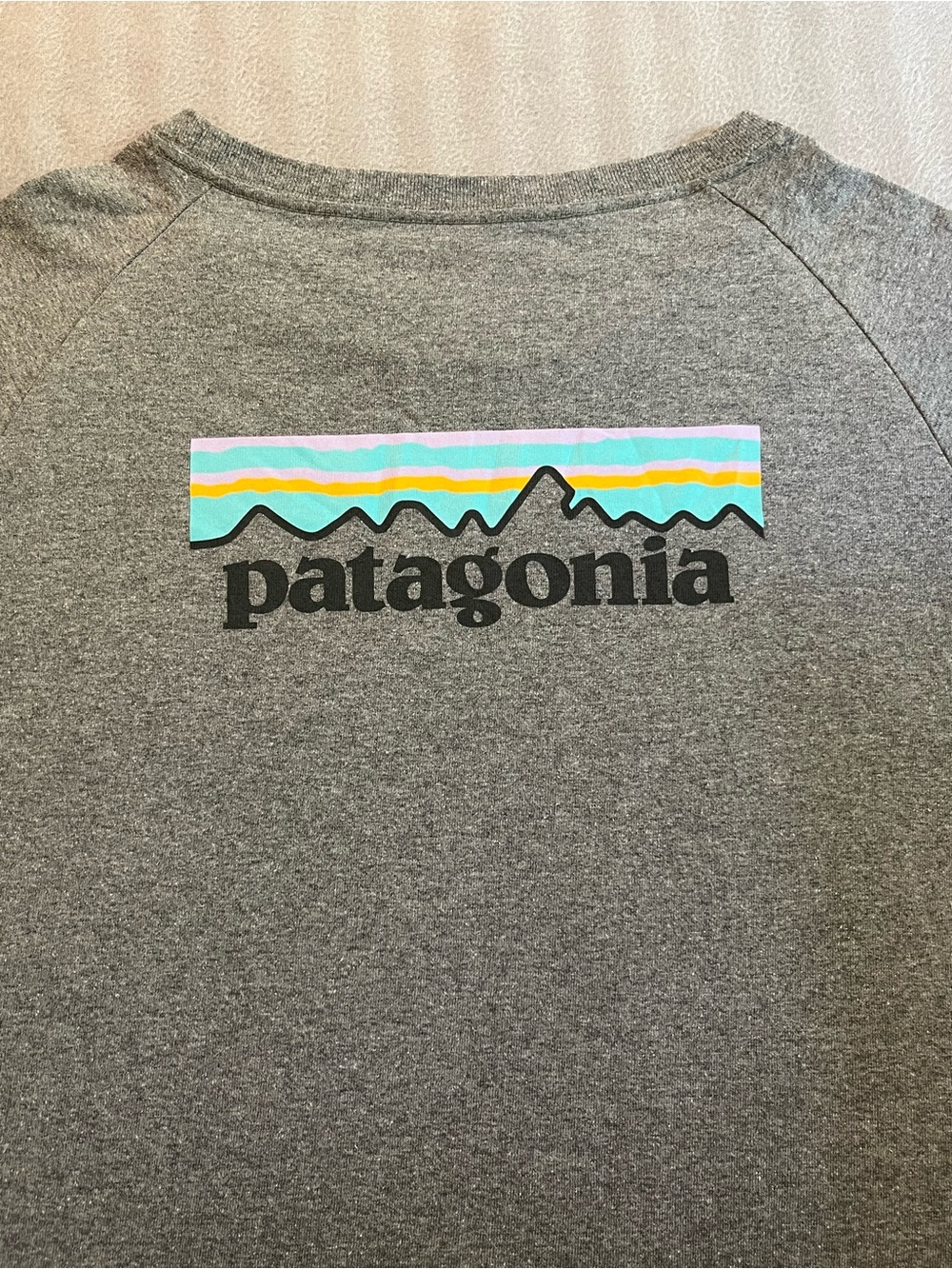 Patagonia Kids Gray Tee with Pink, Yellow & Teal Stripe Logo
